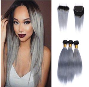 Two Tone 1b Grey Brazilian Virgin Hair Weave Lace Closure With Bundles Straight Human Hair Extensions Ombre Silver Gray Hair With 8849863