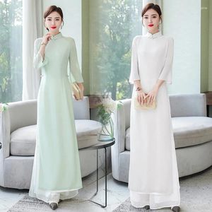 Ethnic Clothing 2024 Vietnamese Aodai Dress For Women Traditional Chinese Style Vintage Elegant Slim Qi Pao Top Pants Sets Asian Chiffon