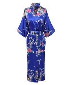 2018 Nya ankomst Blue Women Satin Kimono Bath Gown Lady Summer Sexy Robe Nightgown Flower Pyjamas Size S M L XL XXL XXXL A1032993314