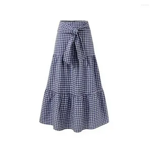 Kjolar kvinnor kjol pläd tryck a-line stora svängande lapptäcke hög elastiska midja snörning veckad full längd lång