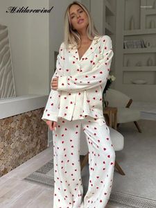 Mulheres sleepwear primavera outono duas peças define mulheres algodão respirável amor impresso camisa de manga longa e calças homewear