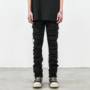 Mens Black Skinny Denim Jeans tung förstörelse tvättade rippade avsmalnande cyklist jeans streetwear hip hop slim jean byxor för manlig 240228