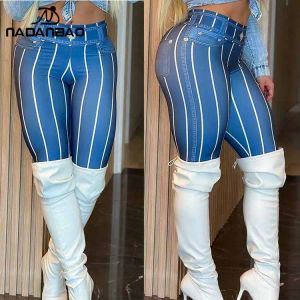 Roupa nadanbao mulheres leggings cintura alta elástica pêssego alcatra calças de treino meninas feminino linha azul impressão moda sexy calças yoga