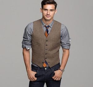 2017 Brown Wool Herringbone Tweed Vest Men039s Suit Vests Slim Fit Groom Vests Vintage Wedding Waistcoat Unique Mens Dress Vest2504614