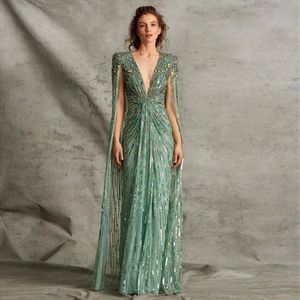 Sharon powiedziała luksusowe szałwii zielone sukienki wieczorowe z Cape Fuchsia Crystal Gold Eleganckie kobiety ślubne Formal Gown SS399 240220