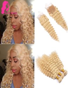 Blonde Color 613 Deep Wave Curly Virgin Brazilian Human Hair Weave 3 Bundles With closure Honey Blonde Color 613 DeepWave Bleache7333098