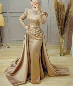Elegant Sequins Beaded Muslim Evening Dresses Hijab Islamic Long Mermaid Formal Occasion Gowns For Women 2024 Detachable Train Long Sleeves Champagne Prom Dress