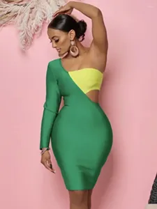 Casual Dresses Women Summer Sexy Single Sleeve Patchwork Green Cut Out Mini BodyCon Bandage Dress 2024 Elegant Nightclub Party Outfit