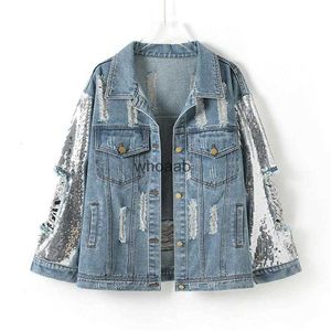 Jaquetas femininas jaquetas primavera lantejoulas manga longa denim buraco de grandes dimensões casaco básico moda senhoras jeans blusão outerwear 240301