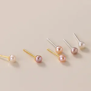 Stud Earrings Pink White Purple Fresh Water Pearl 925 Sterling Silver Small For Women Girls Student