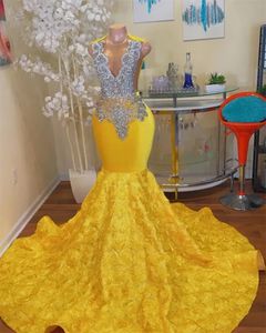 Veet Prom Yellow Dresses Black Girls Beaded Crystal Ruffles Mermaid Birthday Party Gown Formal Ocn Dress