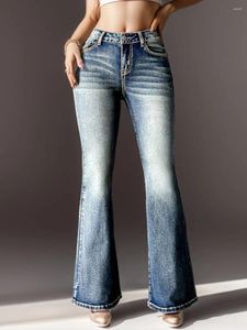 Dżinsy damskie 2024 Retro High Scheme for Women Fashion Slim Flear Pants Haftowa haftowa dżinsowa spodaca żeńska swobodna flary