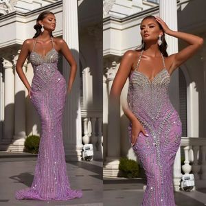 Crystal Halter Mermaid aftonklänningar Sexig ärmlös pärlor prom klänning glitter golvlängd formell festklänningar