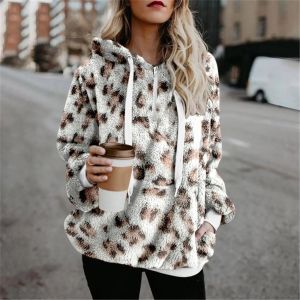 Sweatshirts kadın leopar kapüşonlar kürk bulanık sweatshirt sonbahar kış sıcak uzun kollu rahat kadın çizim kapşonlu kazakları moletom