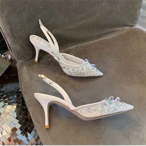 Rene Caovilla Slingbacks Uznaj buty wysokie obcasy kryształowe koronkowe sandały designerskie moda kobieca spiczasty palec ślubny Buty 7,5 cm tylne pustka fabryczna fabryka