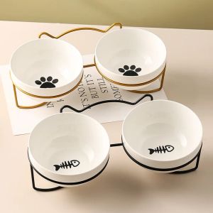 供給Poursweet Pet Cat Bowlセラミック水フィーダー食品給餌料理ディスペンサー盛り上がったスタンドとマット子猫の子犬の金属を高めて