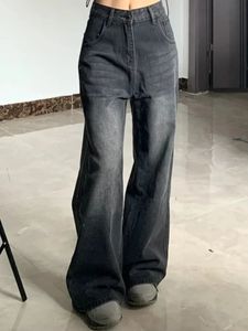Houzhou vintage preto jeans feminino cintura alta grunge y2k 90s streetwear baggy casual moda coreana em linha reta lavado denim calças 240227