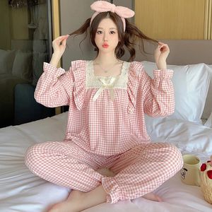 Plus size sleepwear with cherry print without print set of long sleeved top and pants with pleated edges home clothing with breathable skin 240301