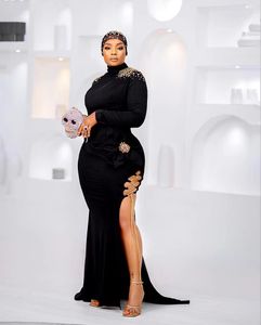 Elegant Black Mermaid Prom Dress Long Sleeve Sexy Evening Dresses Tassel High Slit Party Gowns Classic Formal Dress