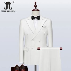 Garnitury (kurtka + kamizelka + spodnie) czarny biały podwójnie piersi brytyjski styl dżentelmen męski garnitur groom ślubna suknia ślubna wspaniała balowa smoking