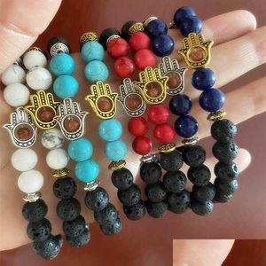 Beaded 8Mm Couples Mens Bracelet Designer For Woman Alloy Fatima Palm Hand Lava Rock Strands White Turquoise Sier Gold Bracelets Ban Dhfmw