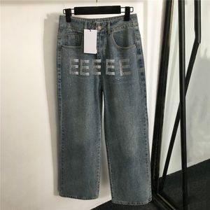 Clássico das mulheres denim calças compridas luxo strass carta jeans de alta qualidade senhoras jean pant streetwear