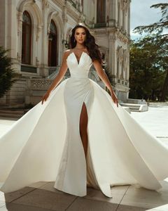 Elegante abito da sposa a sirena affascinante e sexy, applique in pizzo senza spalline con strascico lungo, abiti da sposa spaccati sul lato alto, in raso, senza schienale, personalizzato Boho