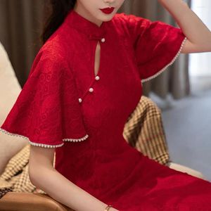 الملابس العرقية عتيقة Cheongsam الأنيقة الدانتيل Qipao Stand Stand Retro Dress for Women الصينية الزفاف المسائية مع 3/4