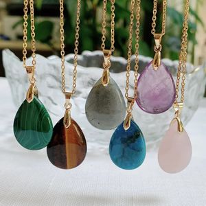 Water Drop Real Natural Crystal Stone Pendant Necklace for Women Blue Quartz Kyanite Green Malachite Purple Crystal Necklaces