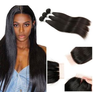 Straight Virgin Hair 3 Bundles With 44 Lace Closure 9A Brazilian Human Hair Weave Bundles With Silk Base Closure MiddleThre1167300