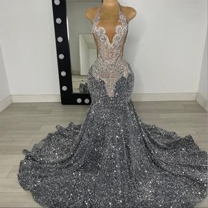 Silver Halter Long Mermaid Prom Dresses For Black Girls 2024 Beaded Rhinestones Sheer Tulle Crystal Birthday Party Dresses Sparkly Sequined Evening Gowns