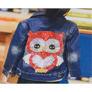 Coat Spring Baby Girl Jeans rockar Kläder Barn Klädbarn barn Owl paljetter Little Cartoon Design denim Jackor Drop Delivery Mater DHRPF