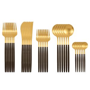 Zestawy 30pcs Matte Black Gold ze stali nierdzewnej Zestaw noża Nóż łyżka srebrne oprogramowanie stołowe