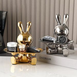 Sculpture Ceramics Colorful Plating Rabbit Storage Box Home Living Room Storage Tray Decorative Statue Bunny Ornament 240301