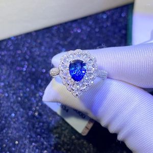 Cluster Rings Blue Sapphire Ring 1.04ct Real Pure 18K Natural Unheat Royal Gemstone Diamonds Stone Female