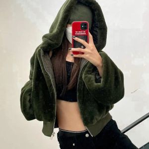 Fur Women Harajuku Overcoat Plush Hooded Bomber Jacket Zip Up Puffer Coats Streetwear Long Sleeve Faux Rabbit Fur Tops Abrigos