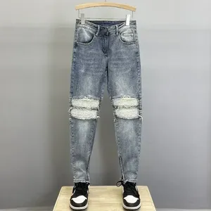 Herren Jeans Männliche Cowboyhose Hellblaue Hose Löcher Für Männer Motorrad Zerrissene Kurz Gebrochene Mit Schlitzen Zerrissene Frühling Herbst Kpop Xs