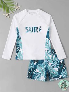 Купальник для мальчика 2024 Новый однотонный детский купальник с длинными рукавами и принтом Летняя детская пляжная одежда Шорты Купальный костюм для мужчин 240229