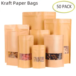 Tools 50pcs Kraft Paper Bags Zip Lock Brown With Window Stand Up Resealable Grip Ziplock Pouches Tea Coffee Bean Candy Packaging Food