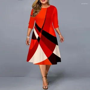 Sıradan elbiseler artı boyutu elbise 2024 Zarif Geometrik Baskı Partisi Sonbahar Bayanlar A-Line Red Midi Akşam Kulübü Kıyafetleri 5xl
