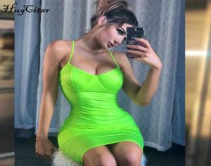 Hugcitar Spaghetti Straps Vneck High Waist Neon Green Summer Fashion Party Club Streetwear Dresses Q1905165814709