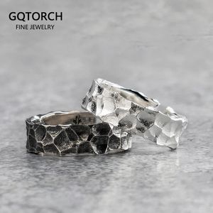 Real 925 Sterling Silver Mens Rings Open Type Hammer Pattern Retro Punk Viking Jewelry Resizable 240220