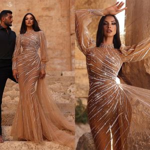 Nude Illsuion Mermaid Wedding Dresses High Neck Long Sleeve Beads Bridal Gowns Vestido De Novia Sexy Custom Made Bride Dress