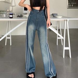 Jeans femininos para mulheres design de primavera com listras laterais retrô high street e bordas ásperas bolsos versáteis viajando