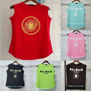 Womens T Tank Cotton Crop T Shirts Tryck ärmlös topp axelknapp dekoration sommar rund hals väst tees designer kläder kvinnor streetwear