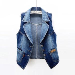 Coletes 2023 nova sem mangas denim colete mulher outono turndown colarinho denim casual jaquetas curtas femme fino colete jean feminino