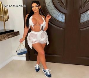 Women039s Two Piece Pants Anjamanor Sexig Beach Vacation Two Piece Set Crochet stickade fransade shorts och Bikini Top All White 6421419