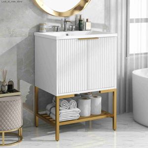 Badrumsvaskar Kranar Badrum Vanity Med Sink Badrum Vanity med dubbla dörrar och Gold Metal Frame White Q240301