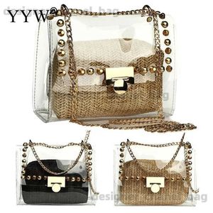 Umhängetaschen Neu Doppelschicht Handtasche Transparent Weizen STR Frauen Metallkette Umhängetasche Sommer Rattan Gewebt Meer Strand Tote Geldbörse T240301