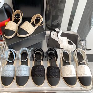 Damen gewebte Espadrilles-Sandalen, Slides, flache Schuhe, Absätze, Knöchelriemen, geschlossene runde Zehenpartie, Freizeitschuhe, Luxus-Designer-Fabrikschuhe mit Box